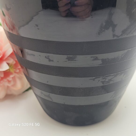 Vintage 7" Mouth Blown Black Textured Stripes Globe Vase - Picture 2 of 16
